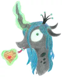 Size: 1245x1560 | Tagged: safe, artist:pony-from-everfree, derpibooru import, queen chrysalis, changeling, bust, candy, crown, food, horn, jewelry, levitation, magic, regalia, shrunken pupils, simple background, solo, sweets, telekinesis, tongue out, traditional art, white background