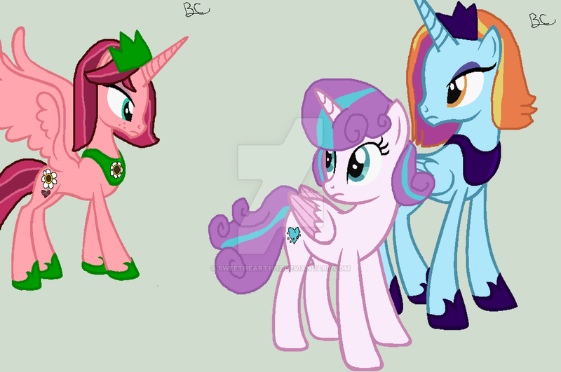 Size: 1024x680 | Tagged: safe, artist:sweetheart1012, derpibooru import, gloriosa daisy, princess flurry heart, sassy saddles, ponified, alicorn, pony, alicornified, alternate universe, equestria girls ponified, race swap