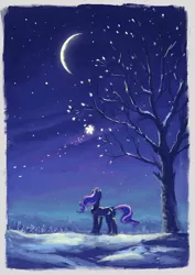 Size: 845x1195 | Tagged: safe, artist:plainoasis, derpibooru import, princess luna, alicorn, pony, crescent moon, female, looking away, looking up, mare, moon, night, scenery, snow, solo, stars, tree
