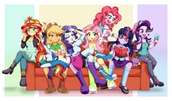 Size: 3200x1900 | Tagged: safe, artist:lucy-tan, derpibooru import, angel bunny, applejack, fluttershy, pinkie pie, rainbow dash, rarity, sci-twi, spike, spike the regular dog, starlight glimmer, sunset shimmer, twilight sparkle, dog, equestria girls, mirror magic, spoiler:eqg specials, applejack's hat, beanie, big crown thingy, book, boots, clothes, compression shorts, couch, cowboy hat, cute, denim skirt, element of magic, female, food, freckles, glasses, hat, high heel boots, humane eight, humane seven, ice cream, jewelry, looking at you, male, mary janes, moe, one eye closed, open mouth, pants, regalia, ripped pants, shoes, shorts, sitting, skirt, smiling, socks, stetson