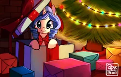 Size: 1423x900 | Tagged: source needed, safe, artist:starshinebeast, derpibooru import, oc, oc:opuscule antiquity, unofficial characters only, pony, unicorn, bowtie, box, christmas, christmas lights, christmas presents, christmas tree, cute, female, holiday, mare, pony in a box, present, solo, tree