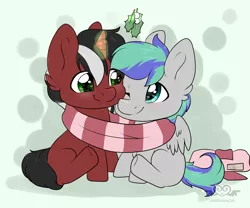 Size: 3000x2500 | Tagged: safe, artist:littledreamycat, derpibooru import, oc, oc:phantom, oc:storm feather, unofficial characters only, abstract background, chibi, clothes, cute, gay, holly, holly mistaken for mistletoe, magic, male, present, scarf, shared clothing, shared scarf