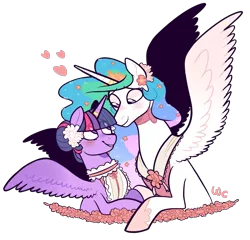 Size: 1303x1253 | Tagged: safe, artist:waackery, deleted from derpibooru, derpibooru import, princess celestia, twilight sparkle, twilight sparkle (alicorn), alicorn, pony, accessories, blushing, clothes, dress, female, flower, flower in hair, heart, lesbian, looking at each other, marriage, married couple, shipping, simple background, smiling, transparent background, twilestia, wedding dress