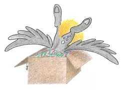 Size: 1572x1128 | Tagged: safe, artist:pony-from-everfree, derpibooru import, derpy hooves, ditzy doo, pegasus, pony, advent calendar, box, bubble, cutie mark, pony in a box, solo, traditional art, wings