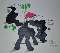 Size: 2262x1986 | Tagged: artist:lewdtempest, blowing a kiss, christmas, derpibooru import, happy holidays, hat, heart, holiday, kissing, oc, oc:lili, plot, santa hat, skunk, skunk pony, smelly, solo, speech, suggestive, traditional art, unofficial characters only