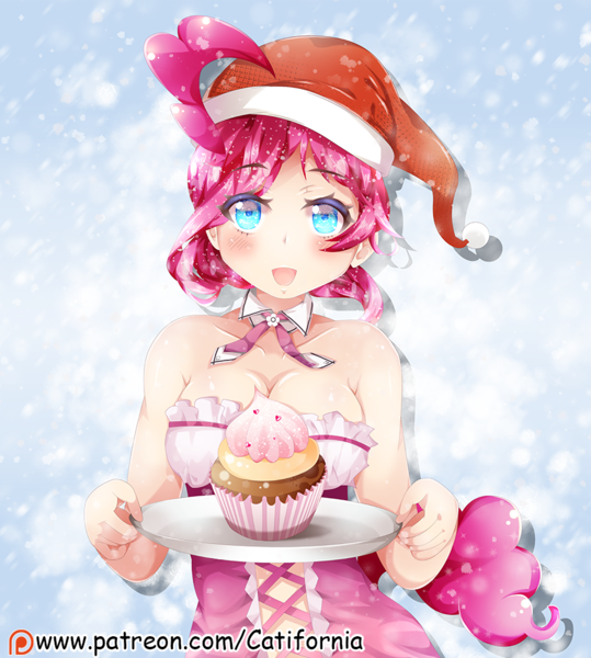 Size: 898x1000 | Tagged: artist:catifornia, breasts, busty pinkie pie, christmas, cleavage, cupcake, cute, derpibooru import, diapinkes, female, food, hat, holiday, human, humanized, looking at you, patreon, patreon logo, pinkie pie, plate, santa hat, smiling, snow, snowfall, solo, solo female, suggestive, tray, waitress