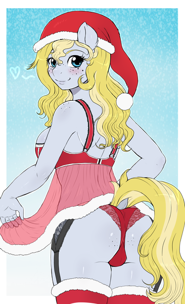 Size: 1500x2459 | Tagged: questionable, artist:evomanaphy, derpibooru import, oc, oc:evo, unofficial characters only, anthro, earth pony, anthro oc, ass, babydoll, blushing, breasts, christmas, clothes, dock, female, freckles, hat, heart, holiday, looking at you, looking back, looking back at you, nightgown, not derpy, red underwear, santa hat, smiling, snow, snowfall, solo, solo female, stockings, thigh highs, underwear