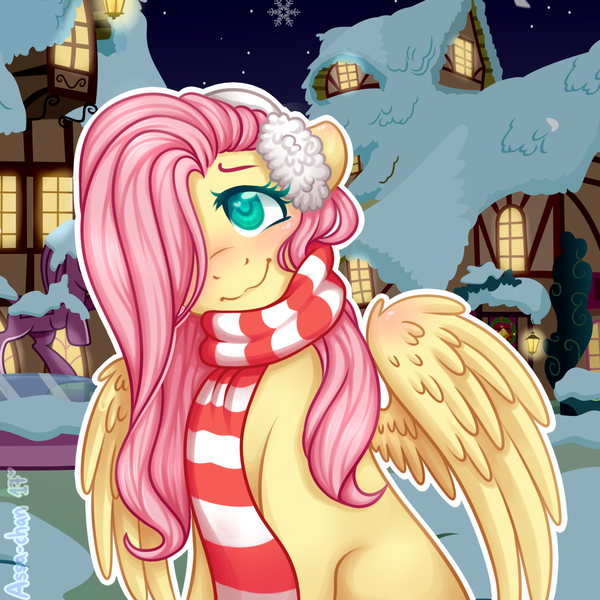 Size: 1000x1000 | Tagged: safe, artist:assa-chan, derpibooru import, fluttershy, pegasus, pony, blushing, christmas, clothes, cute, earmuffs, female, hair over one eye, head tilt, holiday, looking away, looking up, mare, outdoors, ponyville, scarf, shyabetes, sitting, smiling, snow, solo, street, wings, winter, winter outfit, wintershy