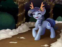 Size: 1024x775 | Tagged: dead source, safe, artist:freckleplant, derpibooru import, oc, oc:raylanda, unofficial characters only, earth pony, pony, antlers, blushing, christmas, christmas lights, commission, eyes closed, female, holiday, lights, mare, reindeer antlers, smiling, snow, solo, walking, ych result