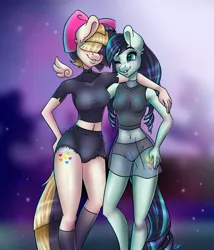 Size: 3543x4134 | Tagged: suggestive, artist:pitchyy, derpibooru import, coloratura, songbird serenade, anthro, earth pony, pegasus, my little pony: the movie, belly button, breasts, clothes, colorenade, female, lesbian, mare, midriff, see-through, shipping, smiling