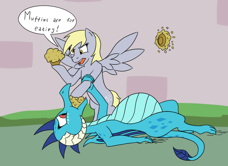 Size: 1200x873 | Tagged: safe, artist:8aerondight8, derpibooru import, derpy hooves, princess ember, dragon, pegasus, pony, triple threat, belly, big belly, bloated, dragon lord ember, dragonlard ember, fat, food, force feeding, muffin, stuffed, stuffing, weight gain