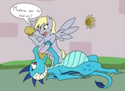 Size: 1200x873 | Tagged: safe, artist:8aerondight8, derpibooru import, derpy hooves, princess ember, dragon, pegasus, pony, triple threat, belly, big belly, bloated, dragon lord ember, dragonlard ember, fat, food, force feeding, muffin, stuffed, stuffing, weight gain