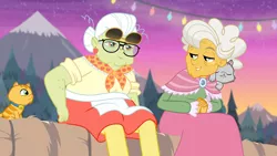 Size: 1920x1080 | Tagged: safe, derpibooru import, screencap, derp cat, goldie delicious, granny smith, cat, equestria girls, equestria girls series, road trippin, clothes, dress, female, lemon squeezy, mountain, shawl
