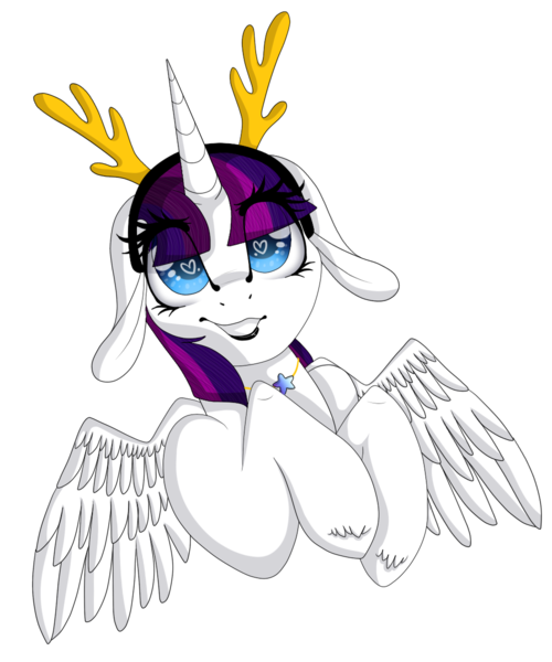 Size: 1000x1200 | Tagged: safe, artist:autumnheart462, derpibooru import, oc, oc:twily star, unofficial characters only, alicorn, pony, antlers, female, floppy ears, heart eyes, mare, reindeer antlers, simple background, solo, transparent background, wingding eyes