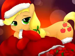 Size: 1280x956 | Tagged: suggestive, artist:fotasy, derpibooru import, applejack, earth pony, pony, apple, bedroom eyes, christmas, clothes, female, food, freckles, hat, holiday, holly, holly mistaken for mistletoe, looking at you, mare, sack, santa hat, santa sack, smiling, stockings, thigh highs
