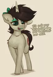 Size: 1051x1525 | Tagged: suggestive, artist:marsminer, derpibooru import, oc, oc:keith, unofficial characters only, pony, bow, crossdressing, femboy, hair bow, lipstick, makeup, male, orientation play, solo, speech, stallion