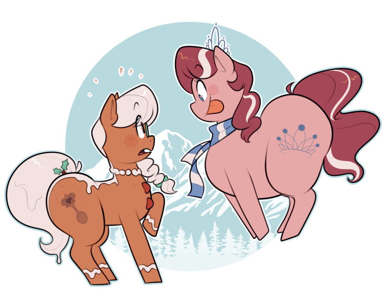 Size: 2300x1760 | Tagged: safe, artist:secretgoombaman12345, derpibooru import, diamond tiara, silver spoon, food pony, original species, chubby diamond, clothes, fat, food, food transformation, forest, ginger spoon, gingerbread pony, holly, imminent vore, mountain, scarf, simple background, tongue out, transparent background