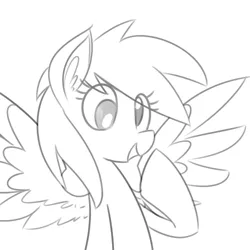 Size: 500x500 | Tagged: dead source, safe, artist:reiduran, derpibooru import, derpy hooves, pegasus, pony, ear fluff, female, grayscale, mare, monochrome, raised hoof, simple background, sketch, smiling, solo, spread wings, white background, wings