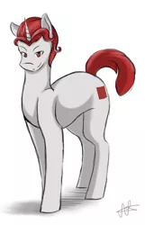 Size: 635x984 | Tagged: safe, artist:scarletsfeed, derpibooru import, oc, oc:mr red, unofficial characters only, unicorn, fallout equestria, fallout equestria: child of the stars, clone, fallout, male, solo, stallion, villainess