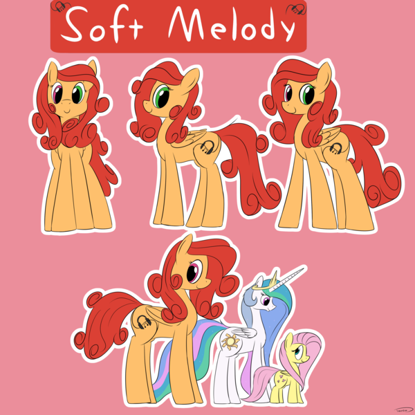 Size: 3496x3496 | Tagged: safe, artist:taurson, derpibooru import, fluttershy, princess celestia, oc, oc:soft melody, alicorn, pegasus, pony, heterochromia, reference sheet, size difference