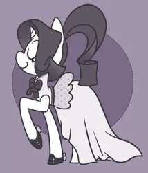 Size: 827x965 | Tagged: safe, artist:typhwosion, derpibooru import, rarity, pony, unicorn, rarity investigates, alternate hairstyle, black and white, clothes, cute, dress, eyes closed, female, grayscale, mare, monochrome, ponytail, profile, raised hoof, raribetes, shoes, smiling, solo