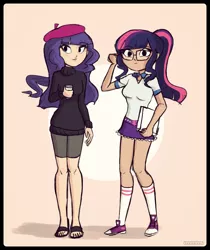 Size: 1618x1926 | Tagged: safe, artist:keetydraws, derpibooru import, rarity, sci-twi, twilight sparkle, equestria girls, beatnik rarity, beret, clothes, converse, duo, glasses, hat, human coloration, looking at you, sandals, shoes, sneakers, sweater, turtleneck