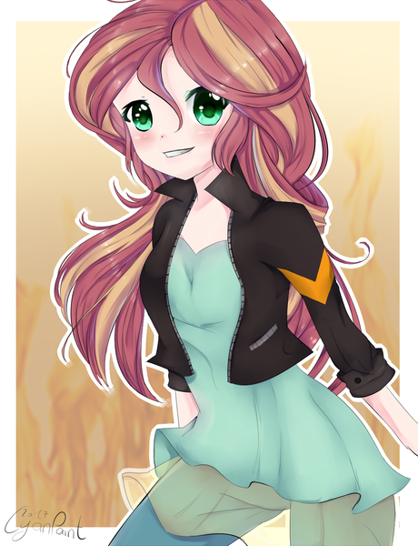 Size: 1227x1600 | Tagged: artist:wolfchen999, clothes, derpibooru import, female, human, humanized, jacket, leather jacket, long hair, safe, shirt, smiling, solo, sunset shimmer