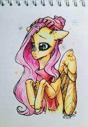 Size: 1106x1600 | Tagged: safe, artist:lantoor, derpibooru import, fluttershy, pegasus, pony, bust, clothes, floppy ears, hat, looking at something, portrait, scarf, snow, snowfall, solo, traditional art, wings, winter, winter outfit