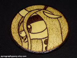 Size: 570x427 | Tagged: artist:aracage, changeling, coaster, derpibooru import, etsy, female, irl, photo, pyrography, queen chrysalis, safe, solo, traditional art, woodwork