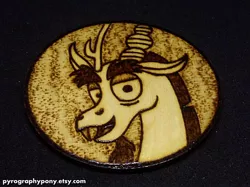 Size: 570x427 | Tagged: safe, artist:aracage, derpibooru import, discord, draconequus, coaster, etsy, irl, male, photo, pyrography, solo, traditional art, woodwork
