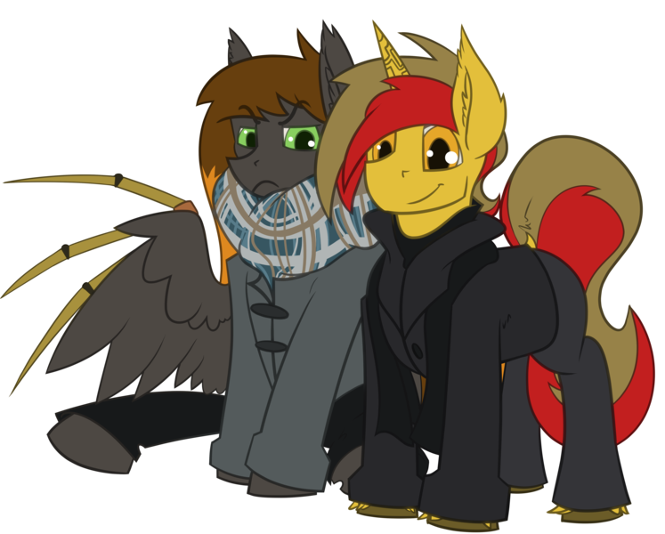 Size: 5000x4016 | Tagged: safe, artist:unpeeledwasp, derpibooru import, oc, oc:caz, oc:gearlock, unofficial characters only, pegasus, pony, unicorn, 2018 community collab, derpibooru community collaboration, absurd resolution, clothes, coat, scarf, simple background, transparent background