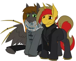 Size: 5000x4016 | Tagged: safe, artist:unpeeledwasp, derpibooru import, oc, oc:caz, oc:gearlock, unofficial characters only, pegasus, pony, unicorn, 2018 community collab, derpibooru community collaboration, absurd resolution, clothes, coat, scarf, simple background, transparent background