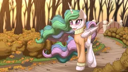 Size: 3840x2160 | Tagged: safe, artist:ohemo, derpibooru import, princess celestia, alicorn, pony, 4k, autumn, blushing, bridge, clothes, female, flowing mane, forest, grass, horn, leaves, mare, open mouth, road, sky, solo, sweater, tree, walking, wings