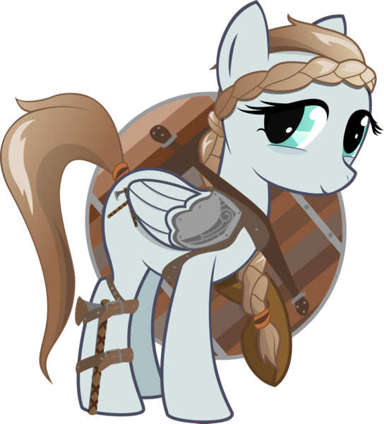 Size: 7200x7941 | Tagged: safe, artist:cinderfall, derpibooru import, oc, oc:northsky, unofficial characters only, pegasus, pony, 2018 community collab, derpibooru community collaboration, absurd resolution, axe, braid, female, mare, shield, simple background, transparent background, vector, weapon