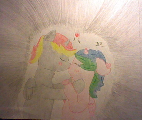 Size: 550x465 | Tagged: alicorn, alicorn oc, artist:rubydeluxe, blushing, colored, cute, derpibooru import, eyes closed, female, heart, horn, kissing, love, male, oc, oc:holly dance, oc:rd, pencil drawing, rubydance, safe, shipping, simple background, straight, traditional art, unofficial characters only, wings