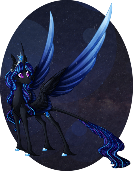 Size: 1873x2400 | Tagged: safe, artist:australian-senior, derpibooru import, twilight sparkle, twilight sparkle (alicorn), oc, oc:luminia invictus, alicorn, classical unicorn, pony, unicorn, kirindos, alternate design, alternate universe, colored hooves, colored wings, colored wingtips, curved horn, goddess, leonine tail, portal, solo, starry backdrop, unshorn fetlocks