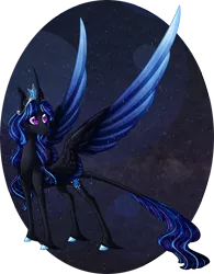 Size: 1873x2400 | Tagged: safe, artist:australian-senior, derpibooru import, twilight sparkle, twilight sparkle (alicorn), oc, oc:luminia invictus, alicorn, classical unicorn, pony, unicorn, kirindos, alternate design, alternate universe, colored hooves, colored wings, colored wingtips, curved horn, goddess, leonine tail, portal, solo, starry backdrop, unshorn fetlocks