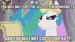 Size: 1280x720 | Tagged: angry, beavis and butthead, coach buzzcut, copy your butt, derpibooru import, edit, edited screencap, glare, image macro, letter, looking at you, meme, princess celestia, safe, screencap, solo, the crystal empire