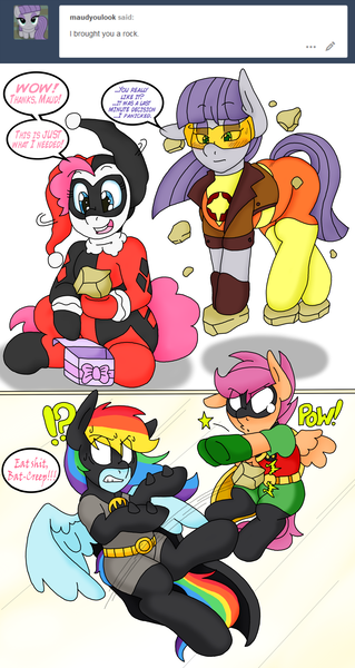 Size: 1664x3125 | Tagged: suggestive, artist:blackbewhite2k7, derpibooru import, maud pie, pinkie pie, rainbow dash, scootaloo, ask, batman, christmas, comic, crossover, dodge, exclamation point, floating, harley quinn, hit, holiday, i got a rock, interrobang, magic, parody, present, question mark, robin, rock, teen titans, telekinesis, terra (teen titans), throwing, tumblr, vulgar