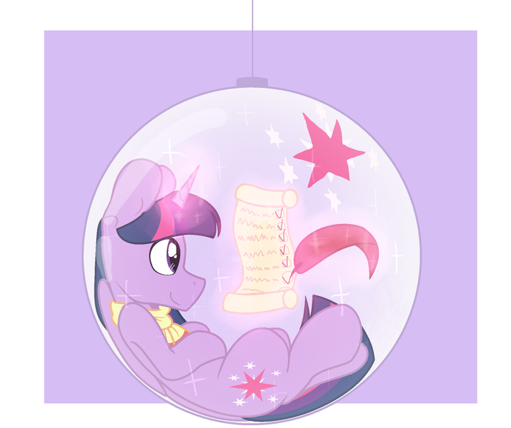 Size: 1600x1342 | Tagged: safe, artist:eivilpotter, derpibooru import, twilight sparkle, twilight sparkle (alicorn), alicorn, pony, clothes, female, glowing horn, magic, mare, ornament, paper, scarf, smiling, solo