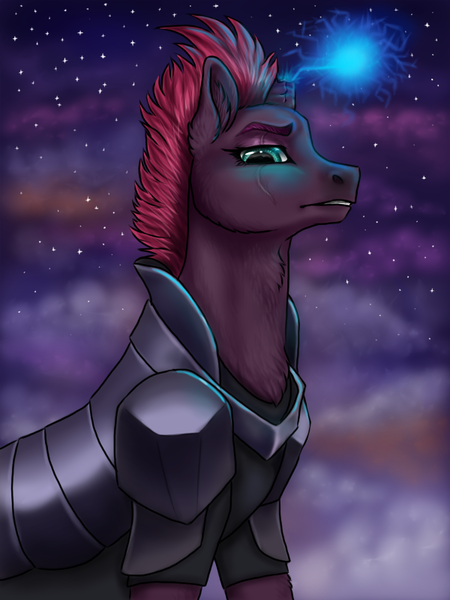 Size: 600x800 | Tagged: armor, artist:graffiti, derpibooru import, female, glowing horn, my little pony: the movie, night, safe, solo, tempest shadow
