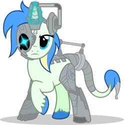 Size: 812x819 | Tagged: safe, artist:mlp-trailgrazer, derpibooru import, oc, oc:doodle, unofficial characters only, cyborg, pony, unicorn, female, glowing horn, heterochromia, magic, mare, raised hoof, simple background, solo, transparent background, unshorn fetlocks