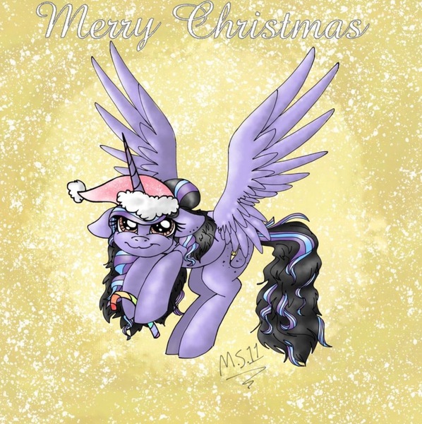 Size: 1404x1408 | Tagged: safe, artist:melonseed11, derpibooru import, oc, oc:tillie, unofficial characters only, alicorn, pony, christmas, female, hat, holiday, mare, merry christmas, santa hat, solo