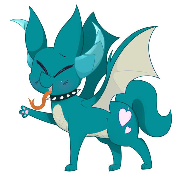 Size: 1724x1724 | Tagged: safe, artist:dragonpone, derpibooru import, oc, oc:puppy love, unofficial characters only, dracony, dragon, hybrid, 2018 community collab, derpibooru community collaboration, blushing, choker, eyes closed, fangs, forked tongue, horns, male, open mouth, paws, simple background, smiling, solo, spiked choker, spread wings, teenaged dragon, tongue out, transparent background, underpaw, waving, wings