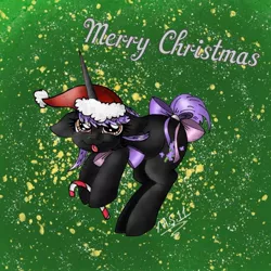 Size: 1428x1427 | Tagged: safe, artist:melonseed11, derpibooru import, oc, oc:lavendar, unofficial characters only, pony, unicorn, bow, candy, candy cane, christmas, female, food, hat, holiday, mare, merry christmas, santa hat, solo, tail bow, tongue out