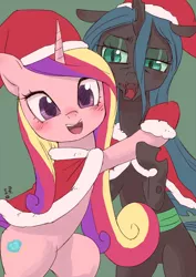 Size: 1000x1414 | Tagged: safe, artist:yanamosuda, derpibooru import, princess cadance, queen chrysalis, alicorn, changeling, changeling queen, pony, christmas, christmas changeling, cute, cutealis, cutedance, duo, duo female, female, floppy ears, hat, holiday, looking at you, mare, open mouth, santa hat, smiling