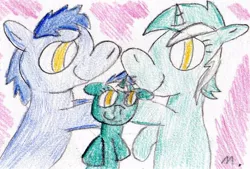 Size: 602x406 | Tagged: artist:ptitemouette, blues, derpibooru import, family, lyra heartstrings, lyraworthy, next generation, noteworthy, oc, oc:trumpet drops, parent:lyra heartstrings, parent:noteworthy, parents:lyraworthy, safe, useless source url