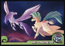 Size: 1000x713 | Tagged: safe, derpibooru import, classical hippogriff, hippogriff, my little pony: the movie, card, cloud, eye contact, flying, looking at each other, looking back, open mouth, sky, smiling, sparkles, spread wings, wings