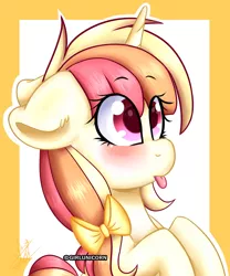 Size: 1024x1229 | Tagged: safe, artist:girlunicorn, derpibooru import, oc, unofficial characters only, pony, unicorn, blushing, bust, female, mare, portrait, solo, tongue out