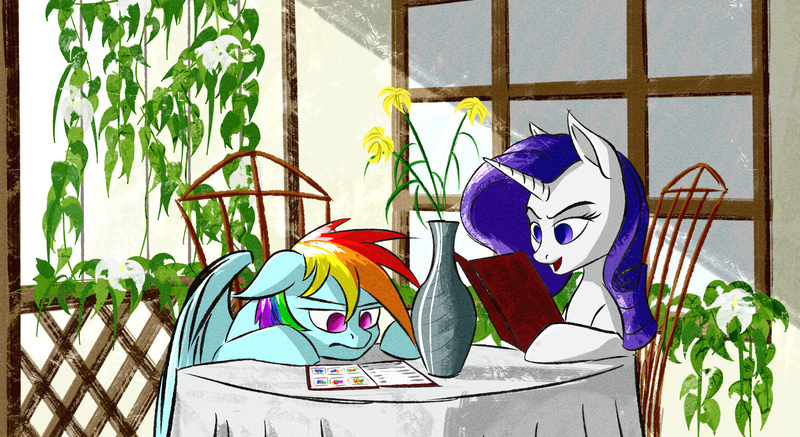 Size: 3330x1818 | Tagged: safe, artist:akweer, derpibooru import, rainbow dash, rarity, pegasus, pony, unicorn, annoyed, chair, duo, menu, restaurant, table, vase